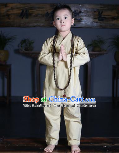 Traditional Chinese Kung Fu Costume Martial Arts Litter Monk Suits Pulian Meditation Clothing, Children Tang Suit Uniforms Tai Chi Beige Clothing for Kids