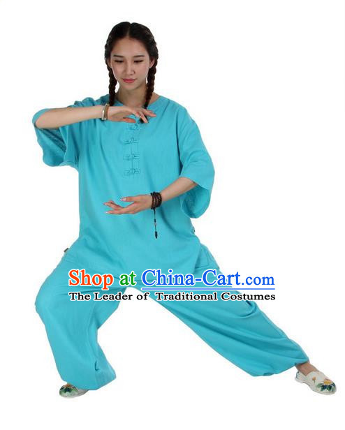 Traditional Chinese Kung Fu Costume Martial Arts Linen Suits Pulian Meditation Clothing, China Tang Suit Uniforms Tai Chi Blue Clothing for Women