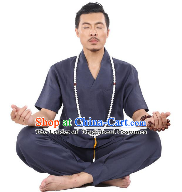 Traditional Chinese Kung Fu Costume Martial Arts Linen Navy Suits Pulian Clothing, China Tang Suit Uniforms Tai Chi Meditation Clothing for Men