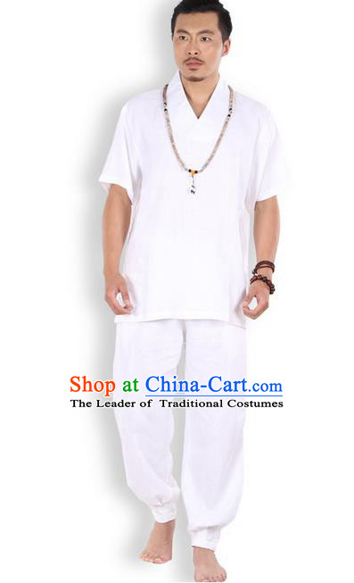 Traditional Chinese Kung Fu Costume Martial Arts Linen White Suits Pulian Clothing, China Tang Suit Uniforms Tai Chi Meditation Clothing for Men