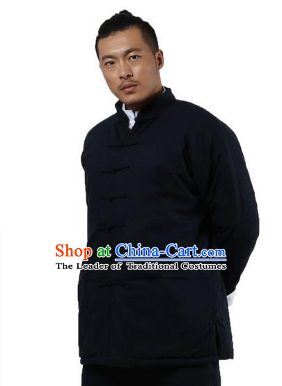 Traditional Chinese Kung Fu Costume Martial Arts Linen Plated Buttons Coat Pulian Clothing, China Tang Suit Jackets Tai Chi Meditation Navy Overcoat Clothing for Men