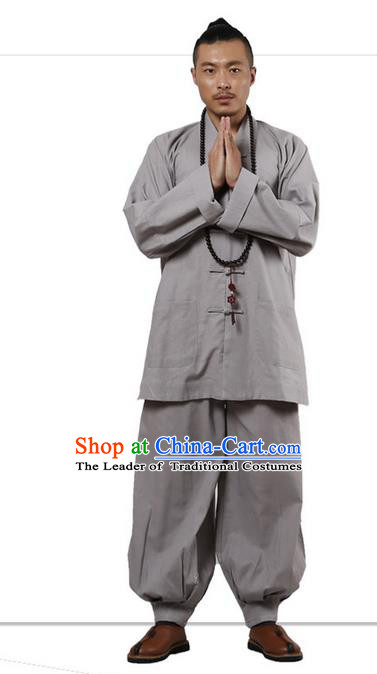 Traditional Chinese Kung Fu Costume Martial Arts Linen Plated Buttons Grey Suits Pulian Clothing, China Tang Suit Uniforms Tai Chi Monk Meditation Clothing for Men
