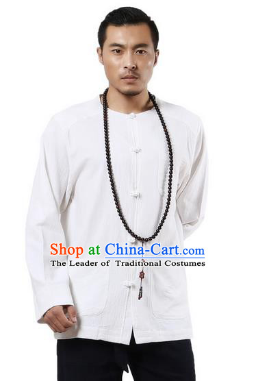 Traditional Chinese Kung Fu Costume Martial Arts Ramie Long Sleeve Shirts Pulian Clothing, China Tang Suit Tai Chi Meditation White Overshirts for Men