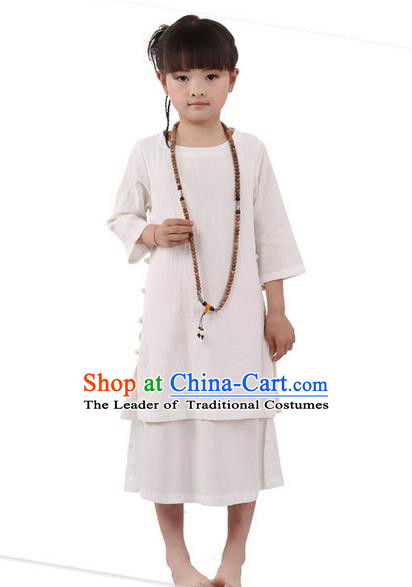 Traditional Chinese Cheongsam Costume, Children Meditation Linen Dress Pulian Clothing, China Tang Suit Tai Chi Zen Beige Dress for Kids