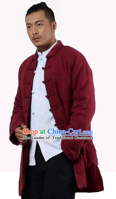 Traditional Chinese Kung Fu Costume Martial Arts Linen Plated Buttons Cotton-padded Coats Pulian Clothing, China Tang Suit Red Jacket Tai Chi Meditation Upper Outer Garment for Men