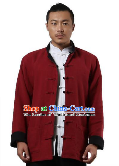 Traditional Chinese Kung Fu Costume Martial Arts Linen Double Side Coats Pulian Clothing, China Tang Suit Tai Chi Overcoat Red and Black Jackets for Men