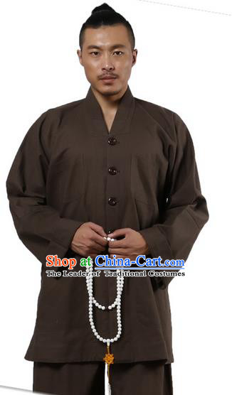Traditional Chinese Kung Fu Costume Martial Arts Linen Long Sleeve Brown Monk Uniforms Pulian Clothing, China Tang Suit Tai Chi Meditation Clothing for Men