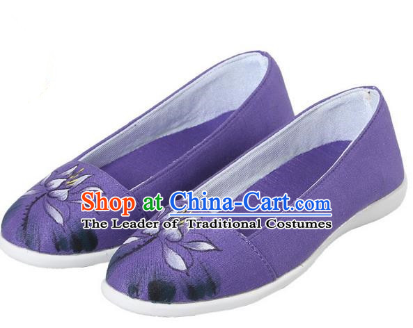Top Chinese Traditional Tai Chi Hand Painting Lotus Linen Shoes Kung Fu Pulian Shoes Martial Arts Purple Shoes for Women
