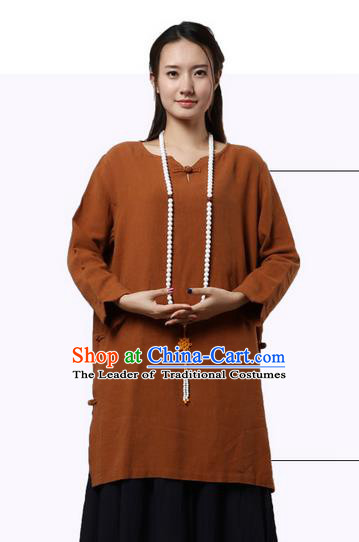 Top Chinese Traditional Costume Tang Suit Coffee Linen Qipao Dress, Pulian Zen Clothing China Cheongsam Upper Outer Garment Dress for Women