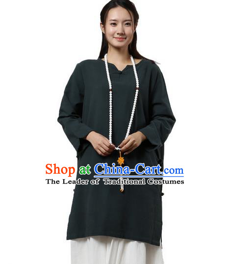 Top Chinese Traditional Costume Tang Suit Atrovirens Linen Qipao Dress, Pulian Zen Clothing China Cheongsam Upper Outer Garment Dress for Women