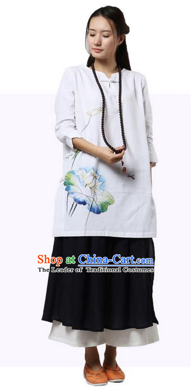 Top Chinese Traditional Costume Tang Suit White Linen Painting Lotus Qipao Dress, Pulian Zen Clothing China Cheongsam Upper Outer Garment Dress for Women