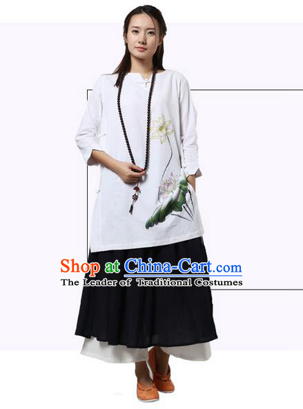 Top Chinese Traditional Costume Tang Suit White Linen Painting Double Lotus Qipao Dress, Pulian Zen Clothing China Cheongsam Upper Outer Garment Dress for Women