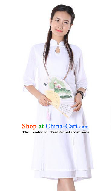 Top Chinese Traditional Costume Tang Suit Linen White Qipao Dress, Pulian Clothing China Cheongsam Upper Outer Garment Dress for Women