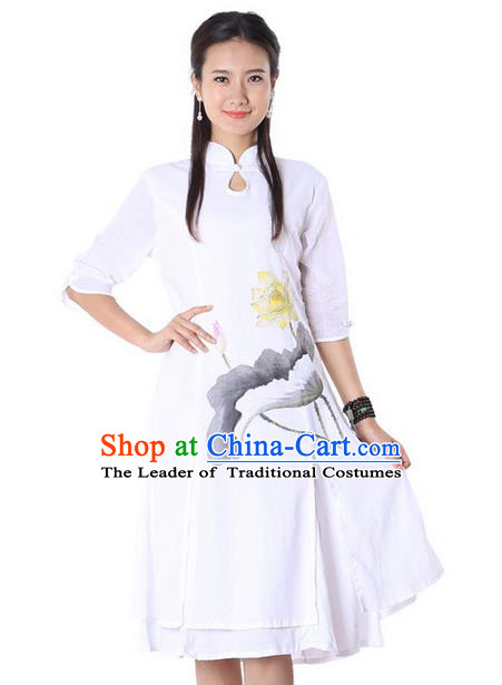 Top Chinese Traditional Costume Tang Suit Linen White Painting Lotus Qipao Dress, Pulian Clothing China Cheongsam Upper Outer Garment Dress for Women