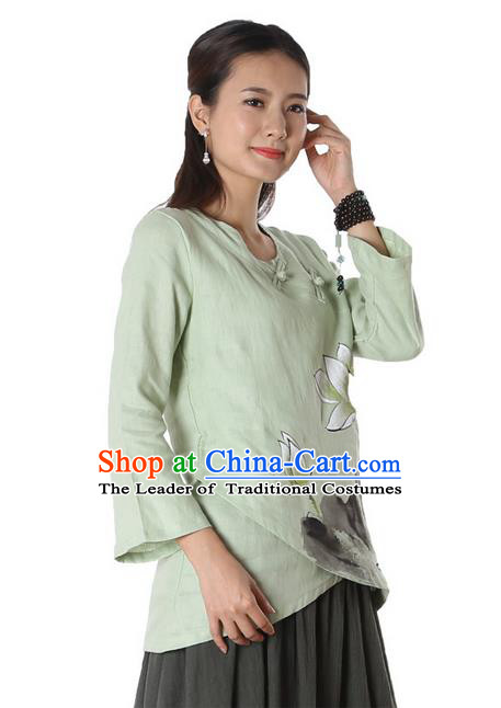 Top Chinese Traditional Costume Tang Suit Green Painting Lotus Blouse, Pulian Zen Clothing China Cheongsam Upper Outer Garment Plated Buttons Shirts for Women