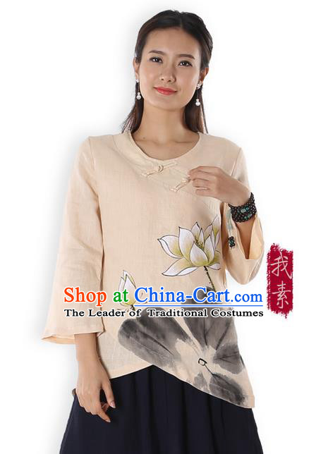 Top Chinese Traditional Costume Tang Suit Beige Painting Lotus Blouse, Pulian Zen Clothing China Cheongsam Upper Outer Garment Plated Buttons Shirts for Women