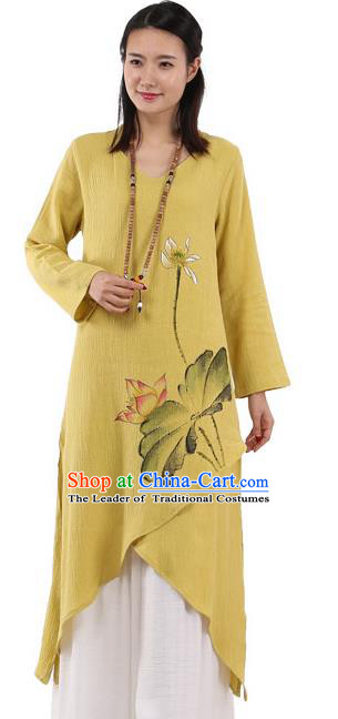 Top Chinese Traditional Costume Tang Suit Yellow Linen Painting Lotus Qipao Dress, Pulian Meditation Clothing China Cheongsam Upper Outer Garment Dress for Women