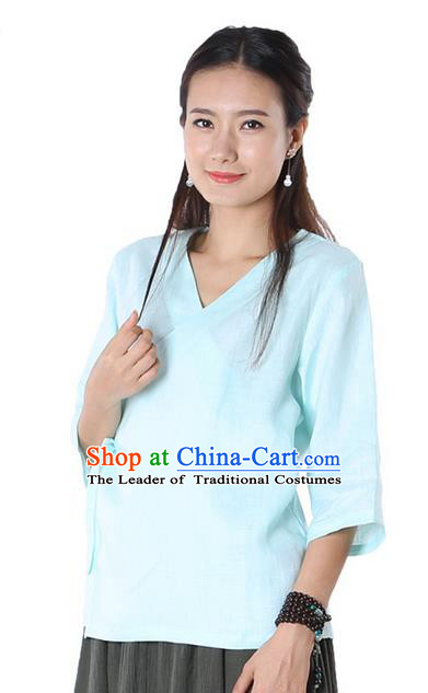 Top Chinese Traditional Costume Tang Suit Blue Blouse, Pulian Zen Clothing China Cheongsam Upper Outer Garment Slant Opening Shirts for Women