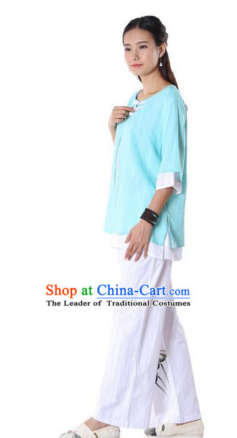 Top Chinese Traditional Costume Tang Suit Double-deck Blue Blouse, Pulian Zen Clothing China Cheongsam Upper Outer Garment Plated Buttons Shirts for Women