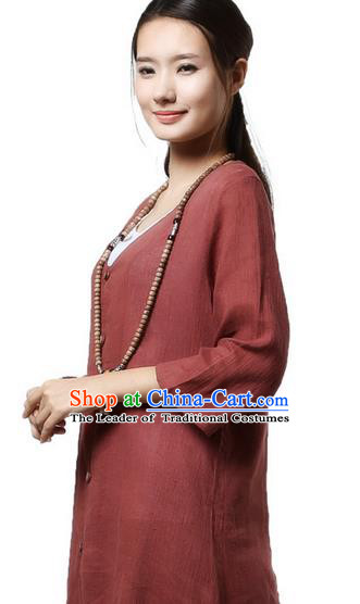 Top Chinese Traditional Costume Tang Suit Purplish Red Linen Qipao Coats, Pulian Clothing Republic of China Upper Outer Garment Dust Coats for Women