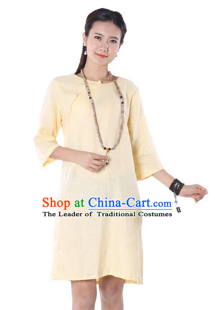 Top Chinese Traditional Costume Tang Suit Yellow Linen Qipao Yoga Dress, Pulian Clothing Republic of China Cheongsam Upper Outer Garment Dress for Women