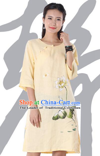 Top Chinese Traditional Costume Tang Suit Yellow Linen Qipao Painting Lotus Yoga Dress, Pulian Clothing Republic of China Cheongsam Upper Outer Garment Dress for Women