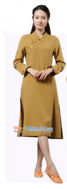 Top Chinese Traditional Costume Tang Suit Slant Opening Plated Buttons Qipao Dress, Pulian Clothing Republic of China Cheongsam Khaki Dress for Women