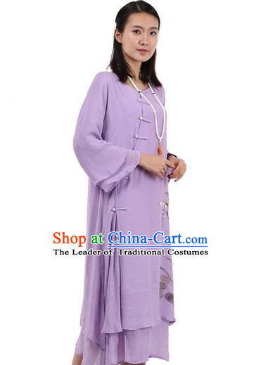 Top Chinese Traditional Costume Tang Suit Purple Plated Buttons Qipao Dress, Pulian Clothing Republic of China Cheongsam Hand Painting Lotus Dress for Women