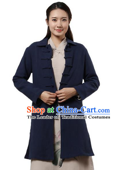 Top Chinese Traditional Costume Tang Suit Plated Buttons Coats, Pulian Clothing Republic of China Cheongsam Navy Dust Coats for Women