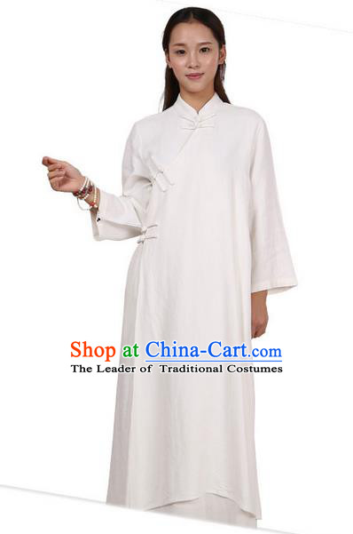 Top Chinese Traditional Costume Tang Suit Linen Qipao Pattern White Dress, Pulian Clothing Republic of China Cheongsam Upper Outer Garment Dress for Women