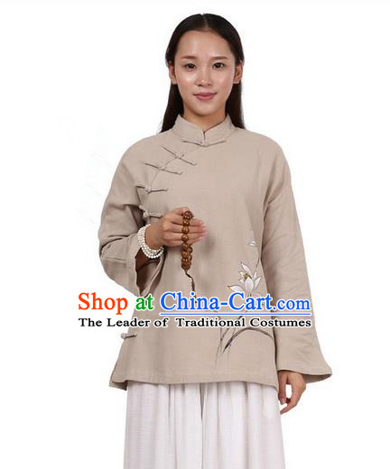 Top Chinese Traditional Costume Tang Suit Linen Upper Outer Garment Khaki Blouse, Pulian Zen Clothing Republic of China Cheongsam Painting Flower Shirts for Women