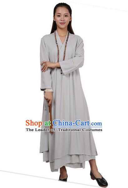 Top Chinese Traditional Costume Tang Suit Linen Upper Outer Garment Qipao Dress, Pulian Zen Clothing Republic of China Cheongsam Grey Dress for Women