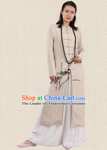 Top Chinese Traditional Costume Tang Suit Plated Buttons Linen Outer Garment Coats, Pulian Zen Clothing Republic of China Cheongsam Beige Painting Lotus Dust Coat for Women