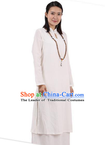 Top Chinese Traditional Costume Tang Suit Plated Buttons Ramie Outer Garment Dress, Pulian Zen Clothing Republic of China Cheongsam Beige Dress for Women