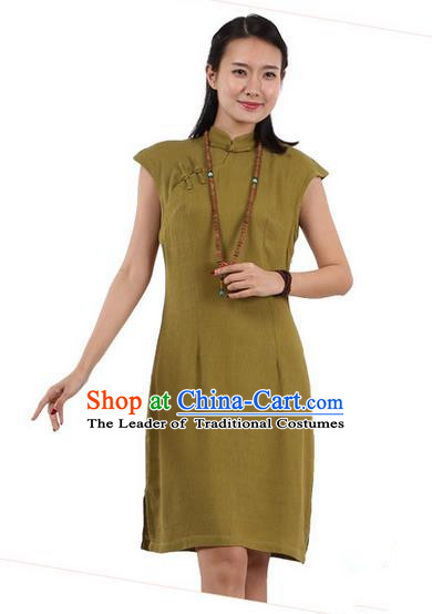 Top Chinese Traditional Costume Tang Suit Stand Collar Outer Garment Qipao Dress, Pulian Zen Clothing Republic of China Short Cheongsam Green Dress for Women