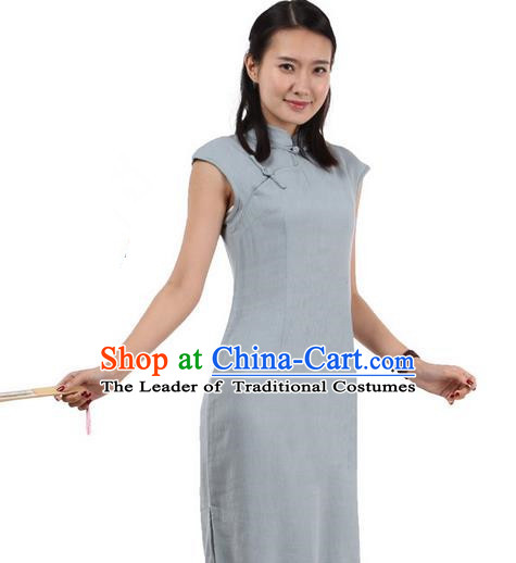 Top Chinese Traditional Costume Tang Suit Stand Collar Outer Garment Qipao Dress, Pulian Zen Clothing Republic of China Short Cheongsam Blue Dress for Women