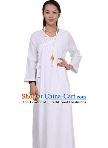Top Chinese Traditional Costume Tang Suit Linen Qipao Dress, Pulian Zen Clothing Republic of China Cheongsam White Long Dress for Women