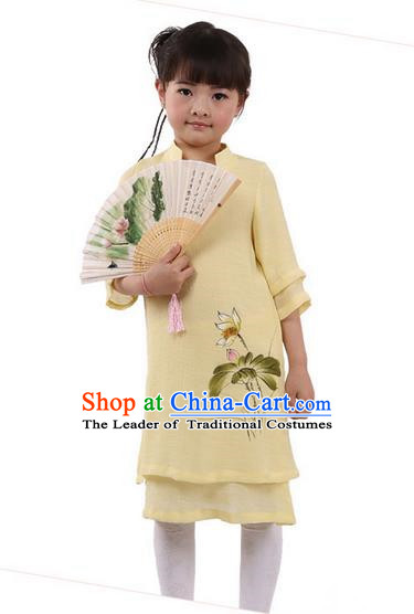 Top Chinese Traditional Costume Tang Suit Linen Qipao Children Dress, Pulian Zen Clothing Republic of China Cheongsam Yellow Painting Lotus Dress for Kids