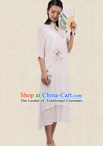 Top Chinese Traditional Costume Tang Suit Linen Double-deck Qipao Dress, Pulian Zen Clothing Republic of China Cheongsam Upper Outer Garment Painting Lotus White Dress for Women