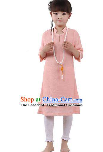 Top Chinese Traditional Costume Tang Suit Linen Qipao Children Dress, Pulian Zen Clothing Republic of China Cheongsam Pink Dress for Kids