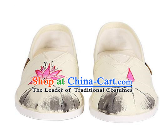 Top Chinese Traditional Linen Shoes, Pulian Shoes China Ink Painting Lotus Cloth Shoe for Women