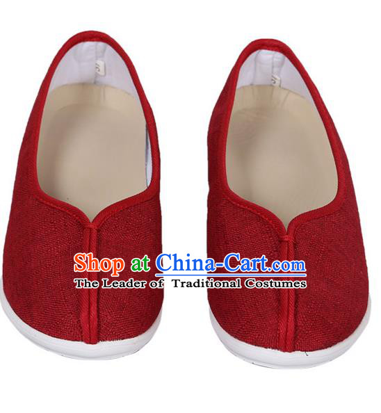 Top Chinese Traditional Linen High-heeled Shoes, Pulian Zen Shoes China Martial Art Red Cloth Shoe for Women