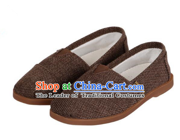 Top Chinese Traditional Linen Kong Fu Shoes, Pulian Zen Shoes China Martial Art Brown Cloth Shoe for Men
