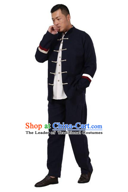 Traditional Chinese Kung Fu Costume Pulian Meditation Clothing Martial Arts Linen Plated Buttons Coats, China Tang Suit Upper Outer Garment Jacket Navy Overcoat for Men