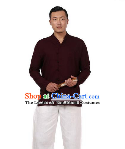 Traditional Chinese Kung Fu Costume Pulian Meditation Clothing Martial Arts Linen Slant Opening Shirts, China Tang Suit Upper Outer Garment Dark Red Overshirt for Men