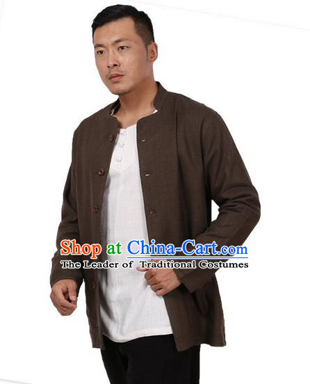 Traditional Chinese Kung Fu Costume Martial Arts Linen Deep Grey Coats Pulian Meditation Clothing, China Tang Suit Upper Outer Garment for Men