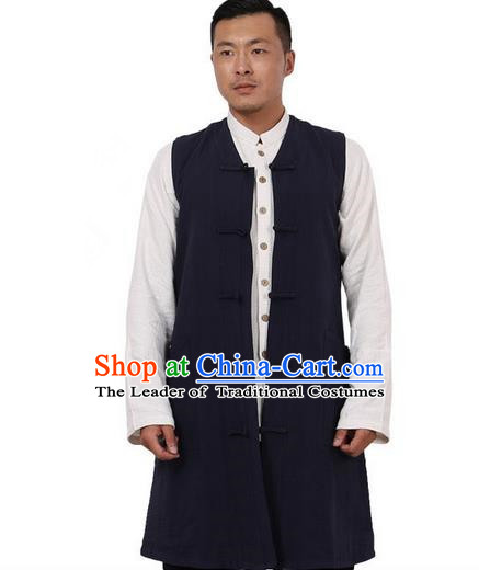 Traditional Chinese Kung Fu Costume Martial Arts Navy Vest Pulian Meditation Clothing, China Tang Suit Waistcoat Tai Chi Long Weskit for Men
