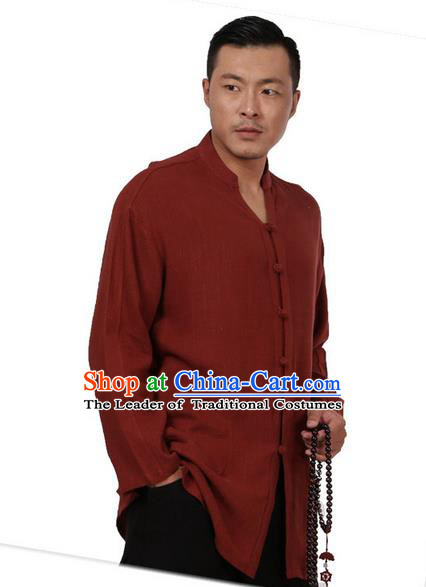 Traditional Chinese Kung Fu Costume Martial Arts Tang Suit Plated Buttons Shirts Pulian Meditation Clothing, China Tai Chi Dark Red Overshirts for Men