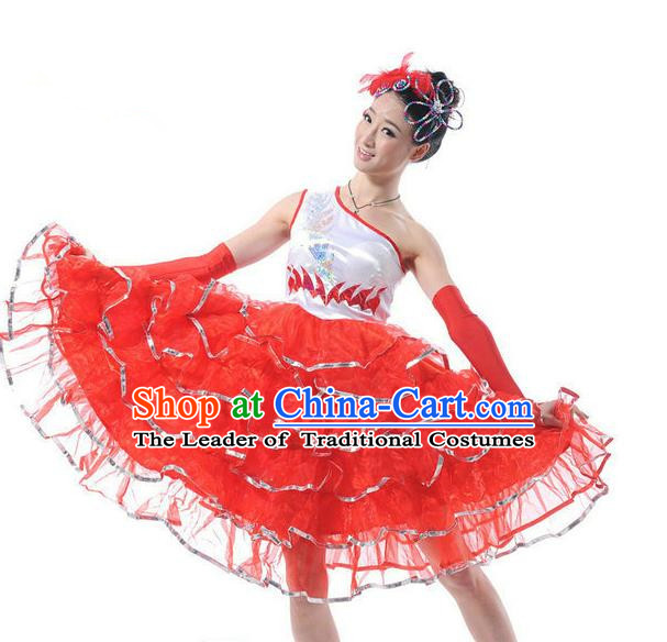 Traditional Chinese Classical Dance Fan Dancing Costume, Folk Dance Uniform Red Bubble Dress for Women