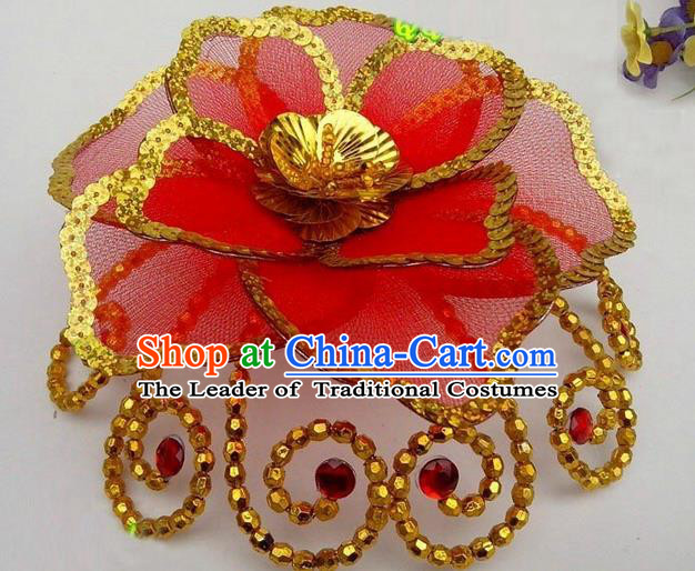 Traditional Chinese Folk Dance Headwear Yangko Hair Accessories, Chinese Classical Dance Red Flower Headpiece Hair Pin for Women